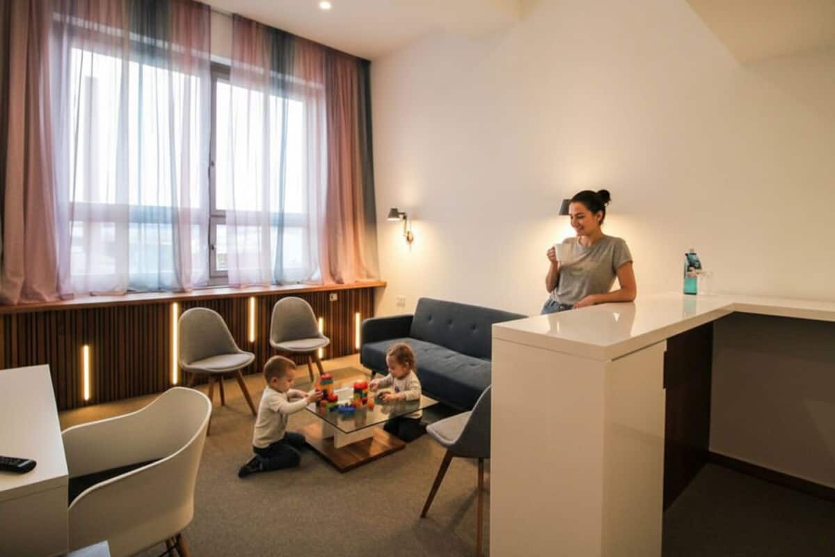 A modern hotel room with a living area, a sofa, a coffee table with toys, and a desk with a laptop.