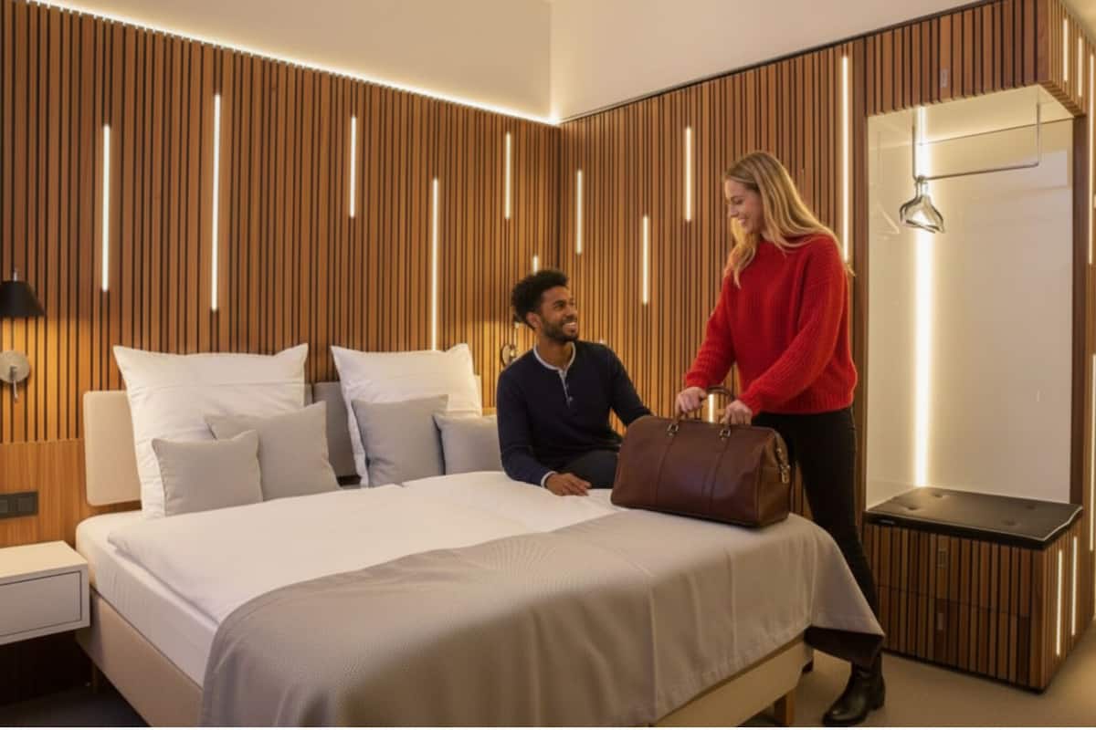 A modern hotel room with a bed, wooden panel wall, bedside table, and a suitcase.