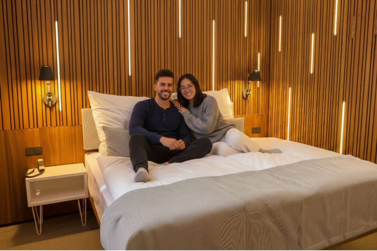 A modern bedroom with a wooden slat wall, a white bed, and two bedside lamps.