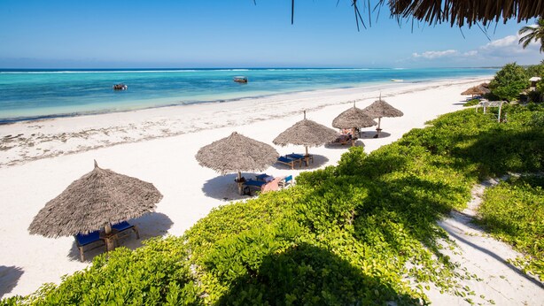 A beach with white sand, clear blue water, and thatched umbrellas. - Zanzibar Queen Hotel (Matemwe)