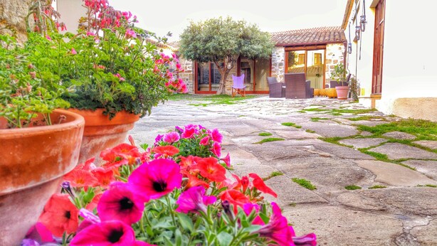 A stone-paved courtyard with potted plants and flowers, a wooden pergola, and a building with a tiled roof. - Il Borgo dell'Arcangelo (Tuili)