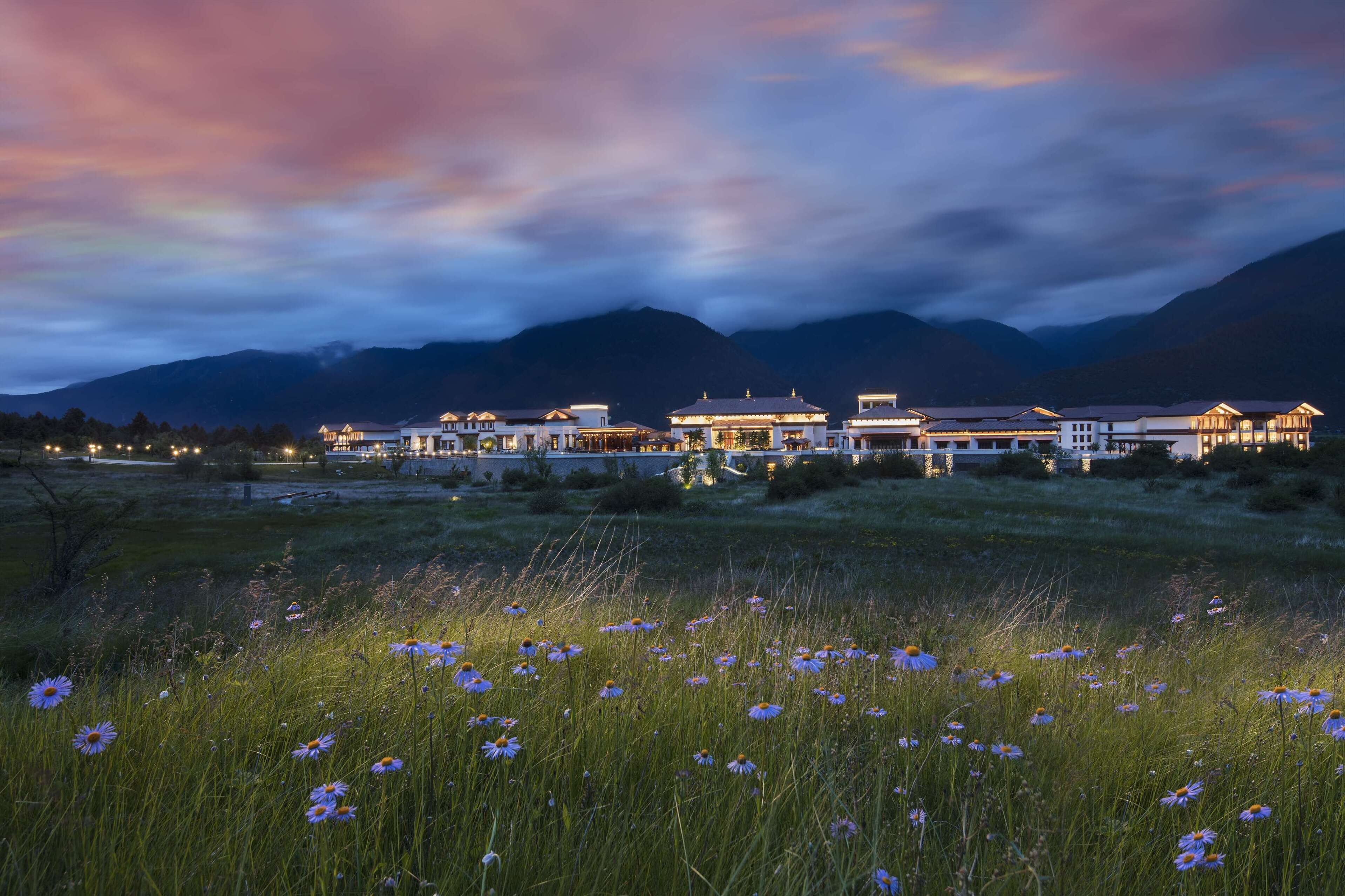 Un hotel con varias edificaciones, un campo cubierto de césped y flores, y montañas al fondo.