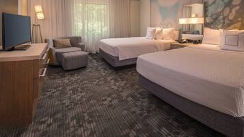 Desk, laptop workspace, blackout drapes, iron/ironing board