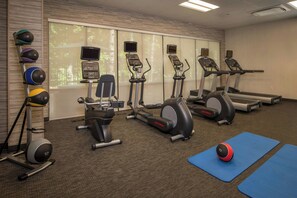 Un gimnasio con cintas de correr, elípticas y una variedad de pelotas de ejercicio.