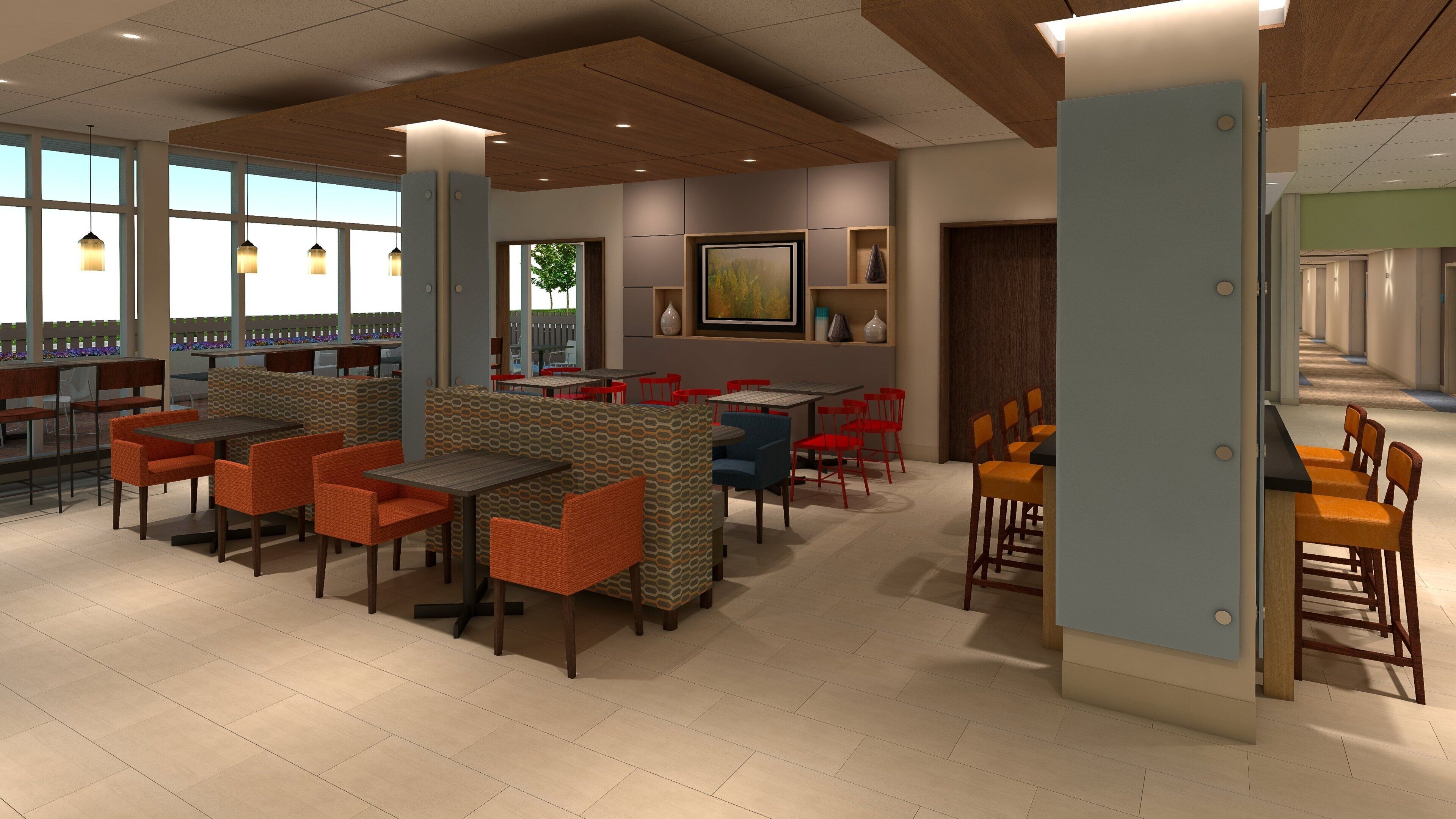 A modern restaurant interior with high tables, cushioned seating, and pendant lighting.