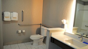 A bathroom with a toilet, handrails, a sink, and a mirror.