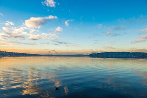 Overlooking a tranquil body of water with a cityscape in the distance.