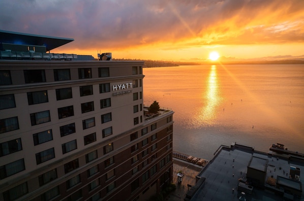 Experience the serene waterfront views from this modern hotel, situated adjacent to a tranquil body of water.
