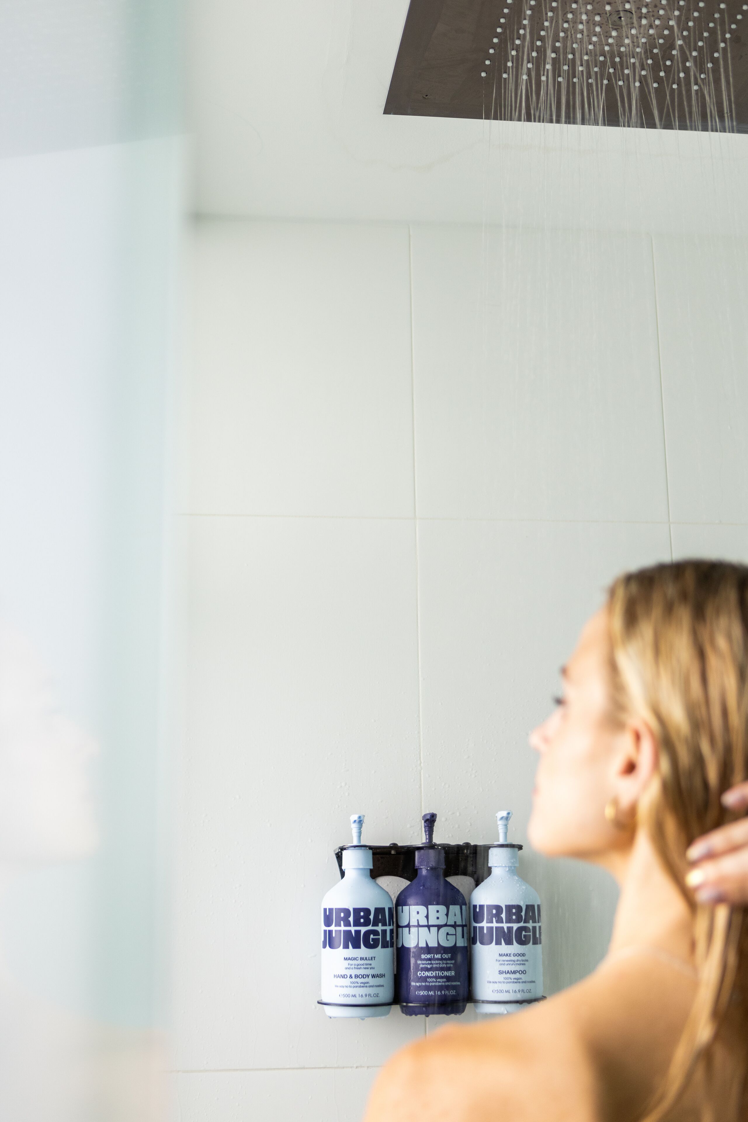 shower, rainfall showerhead, designer toiletries, hair dryer