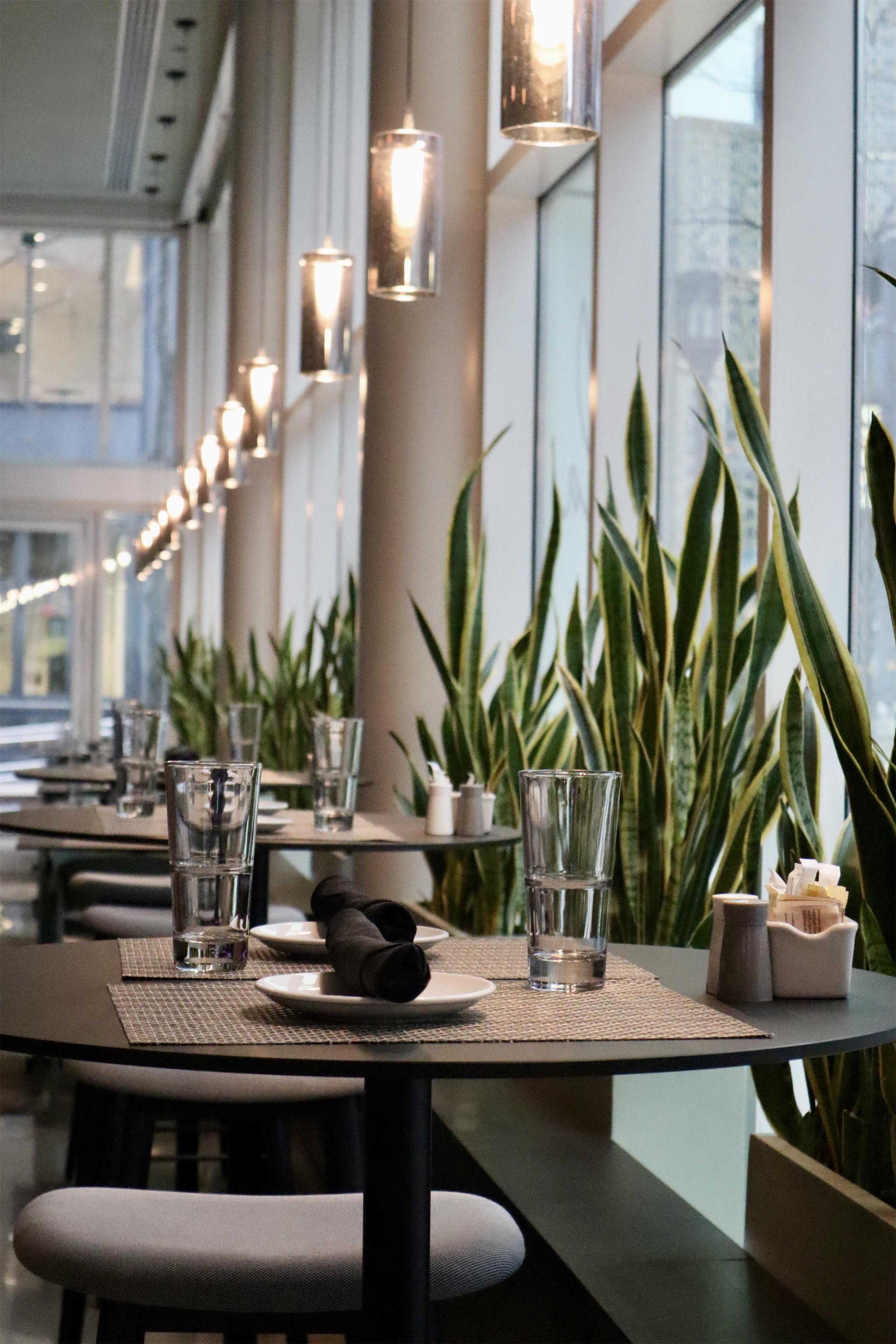 A restaurant with long tables, clear glasses, and potted plants.