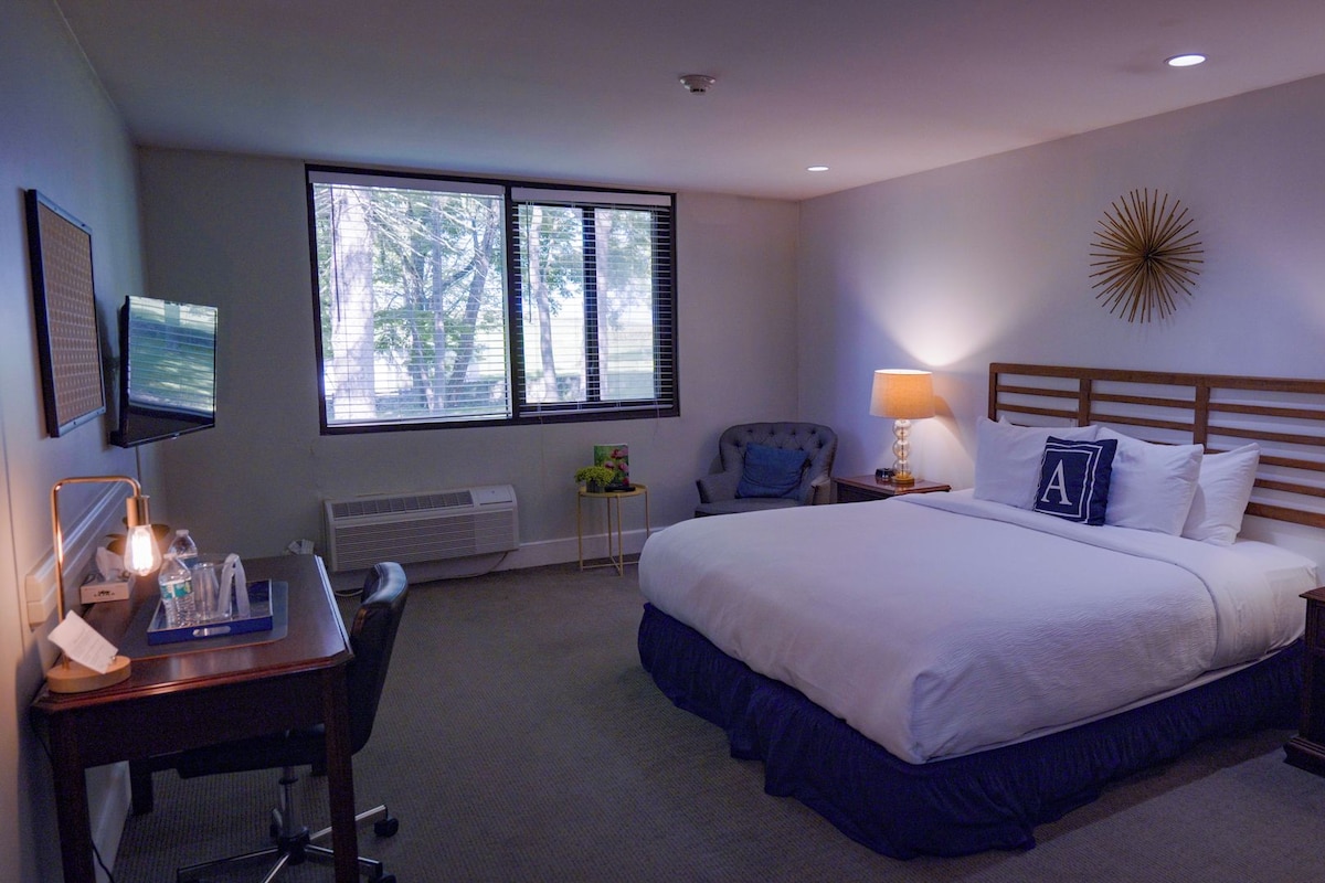 A hotel room with a large bed, a desk, a chair, a TV, and a window with blinds.