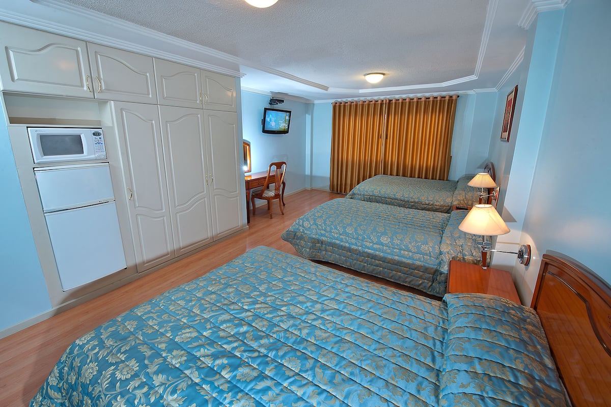 Une chambre d’hôtel avec deux lits, un bureau avec une chaise, une télévision et un four à micro-ondes.