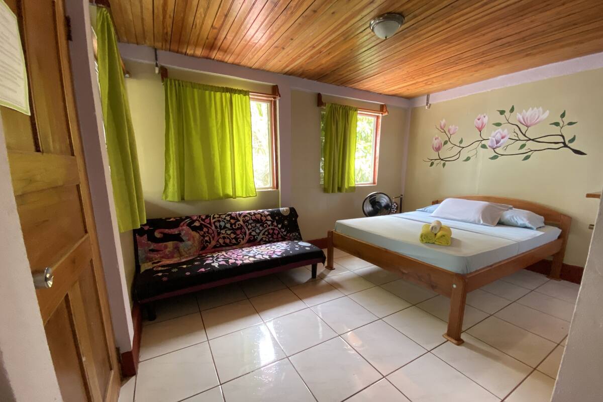 Une chambre à coucher avec un lit, un canapé et un ventilateur de plafond.