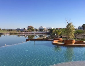 A clear blue pool with a curved edge, surrounded by potted plants and a calm water surface reflecting the sky. - Pacifika Marina Mazatlán (Mazatlán)