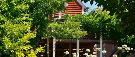 A red barn with a white roof, surrounded by lush greenery and flowering plants.