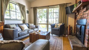 A cozy living room with a fireplace, a sofa, a coffee table, and a patterned rug. - Monigatti (Hepburn Springs)