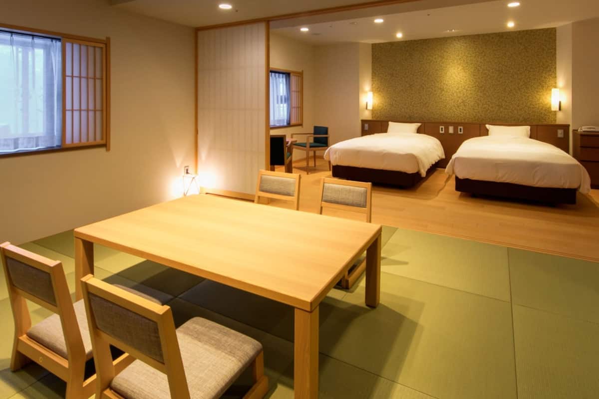 A hotel room with a wooden table and chairs, two beds, a desk, and a television.