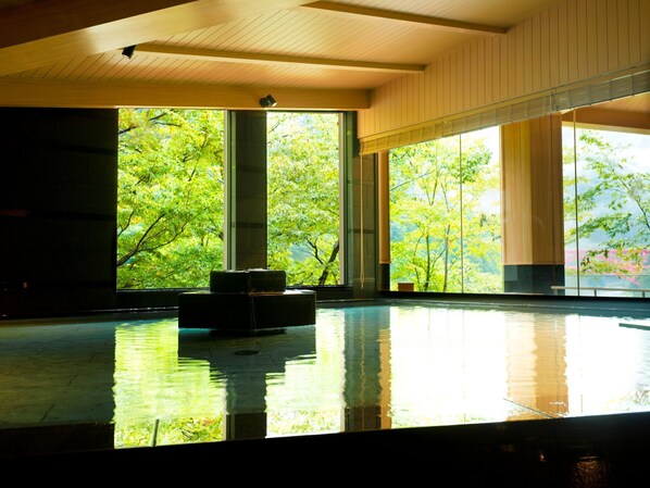 A spacious indoor swimming pool with large windows offering a view of lush green trees.