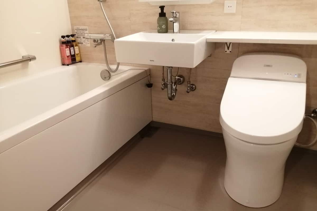 combined shower/bathtub, free toiletries, hair dryer, slippers