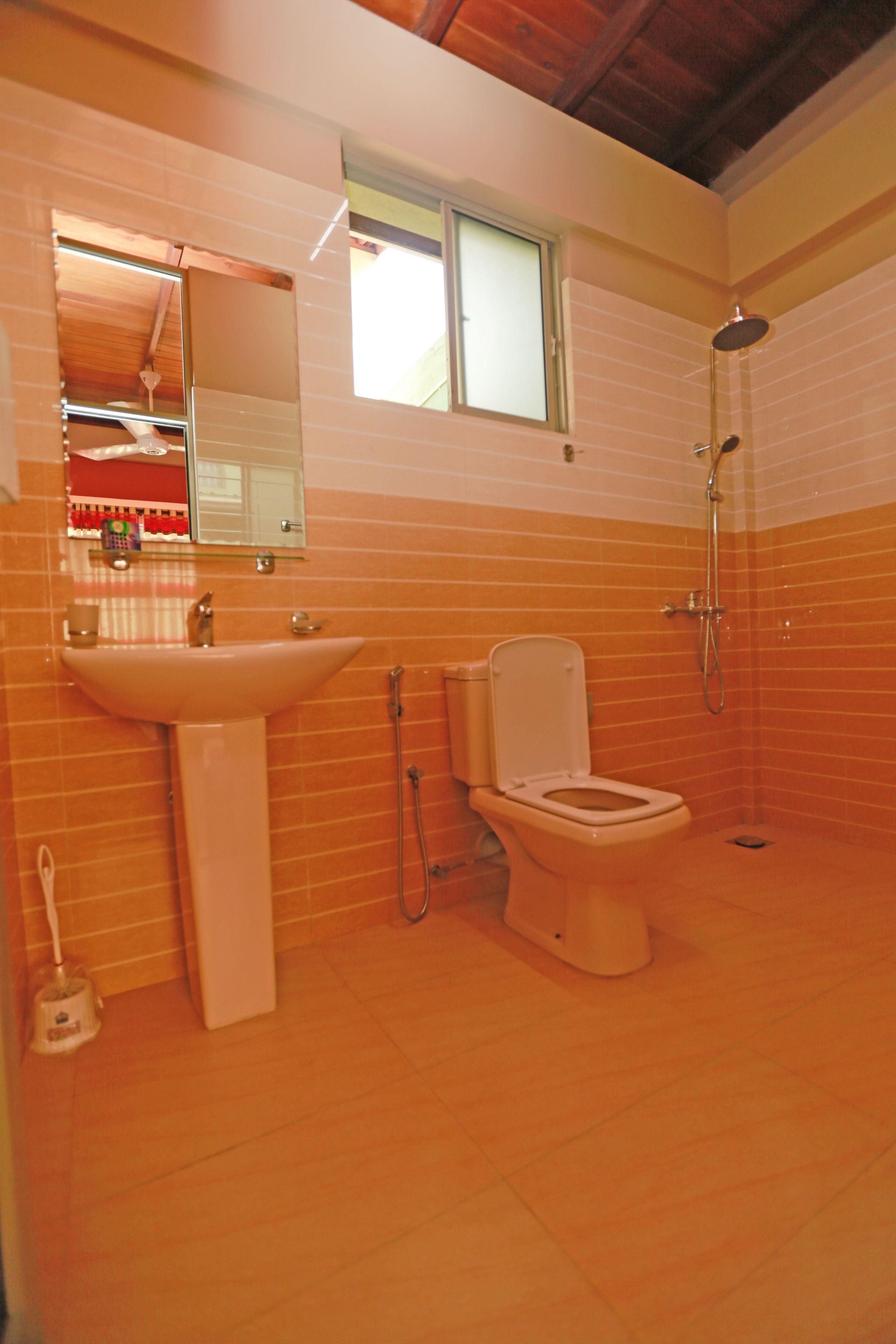 Une salle de bain avec un lavabo, des toilettes et une douche.