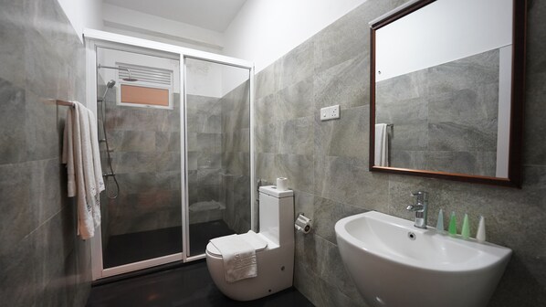 A modern bathroom with a glass shower enclosure, a toilet, and a sink with a mirror. - Randiya Sea View Hotel (Mirissa)