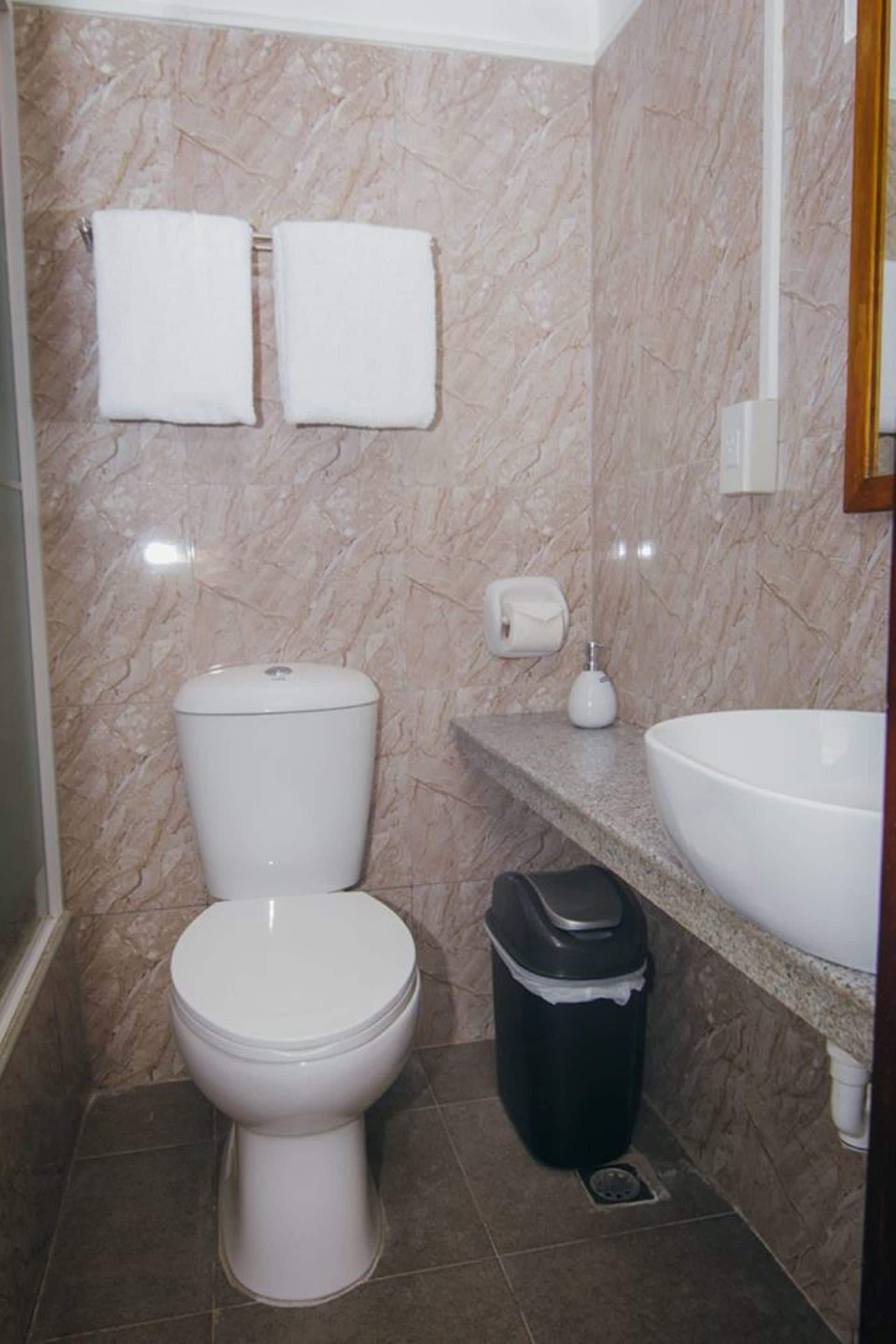 A bathroom with a toilet, two towels hanging on the wall, a trash bin, and a sink.