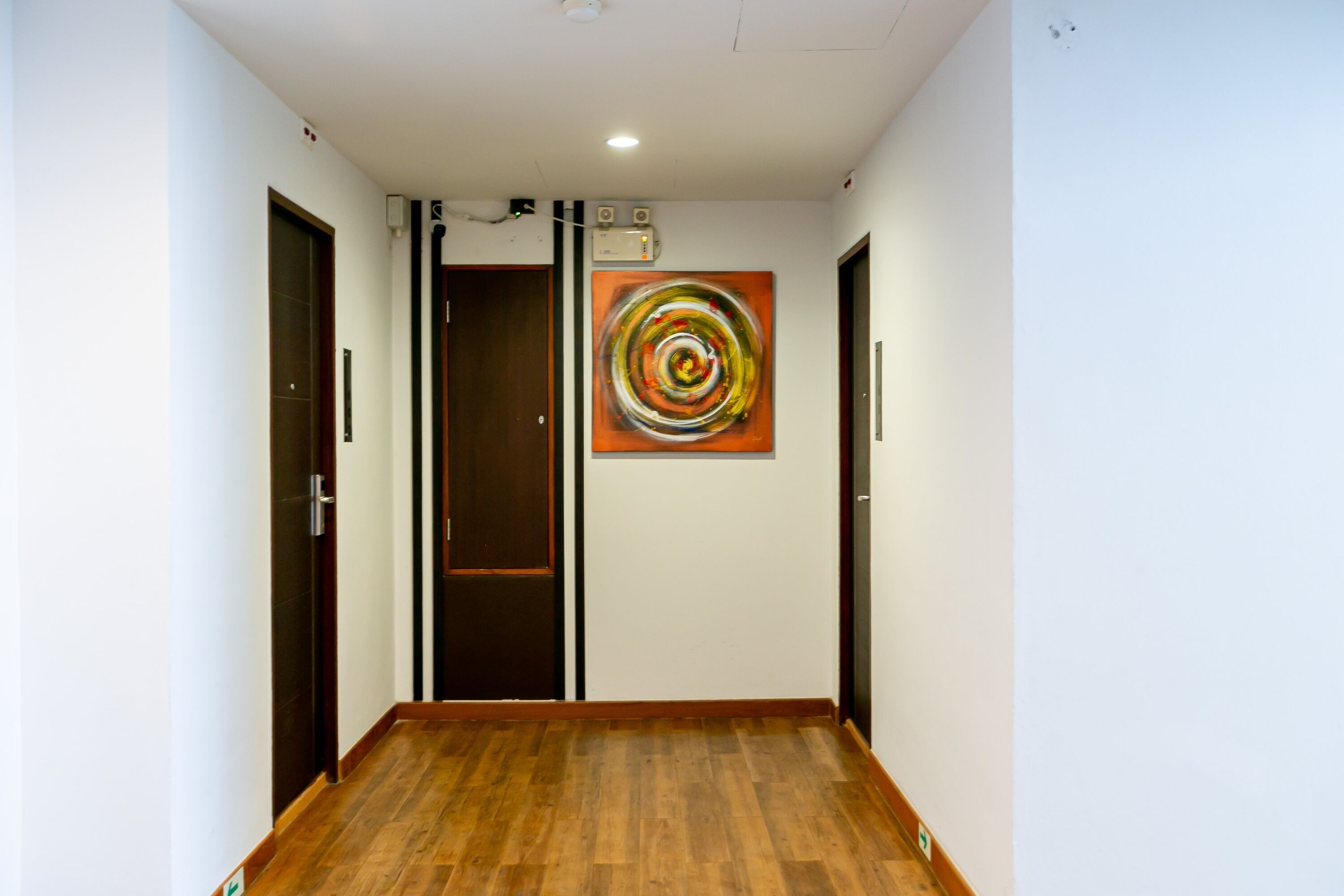 A hallway with wooden flooring, a door with a glass panel, and a colorful abstract painting on the wall.