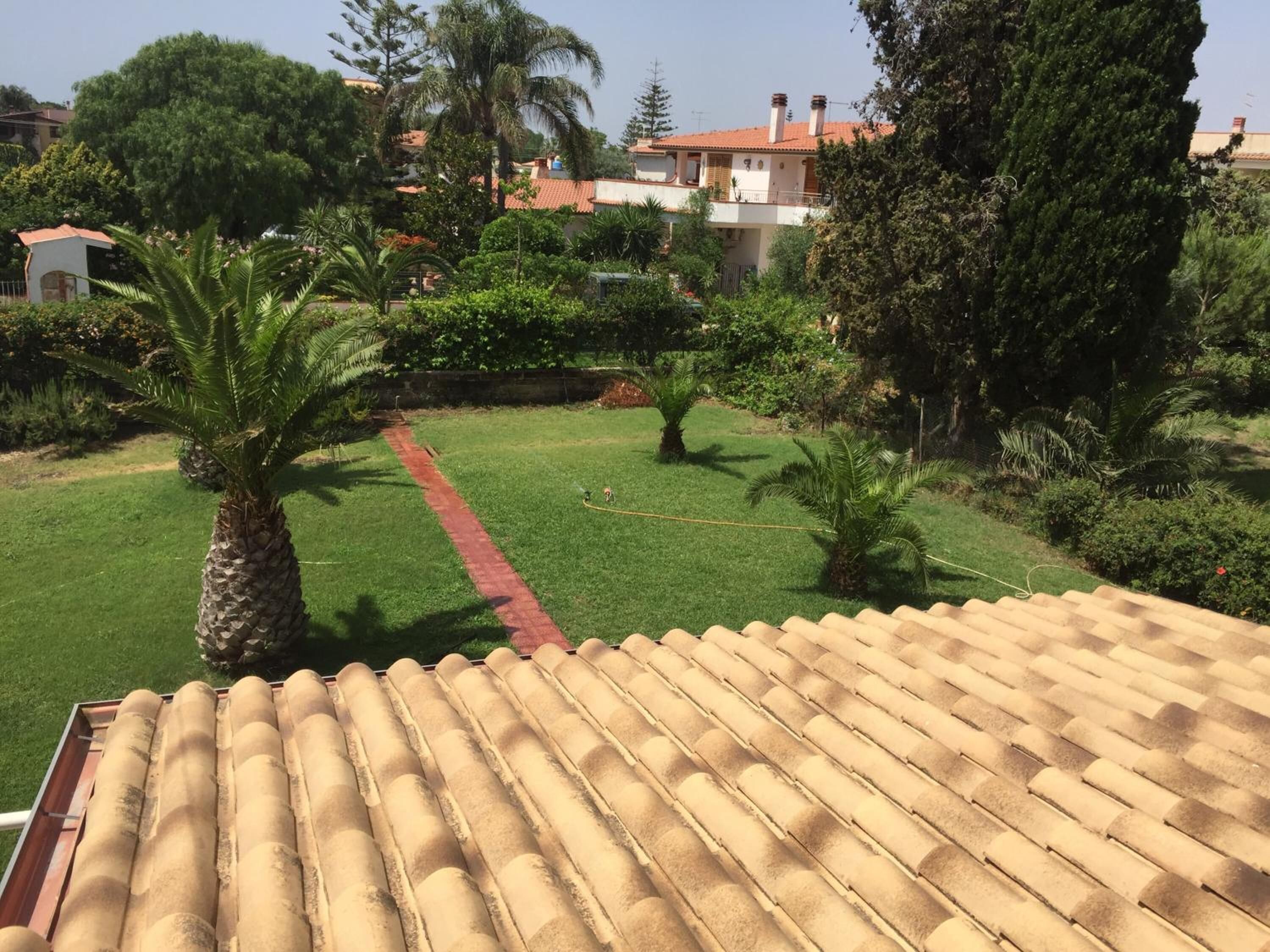 A rooftop terrace with a tiled roof, a grassy lawn, and various trees and shrubs.