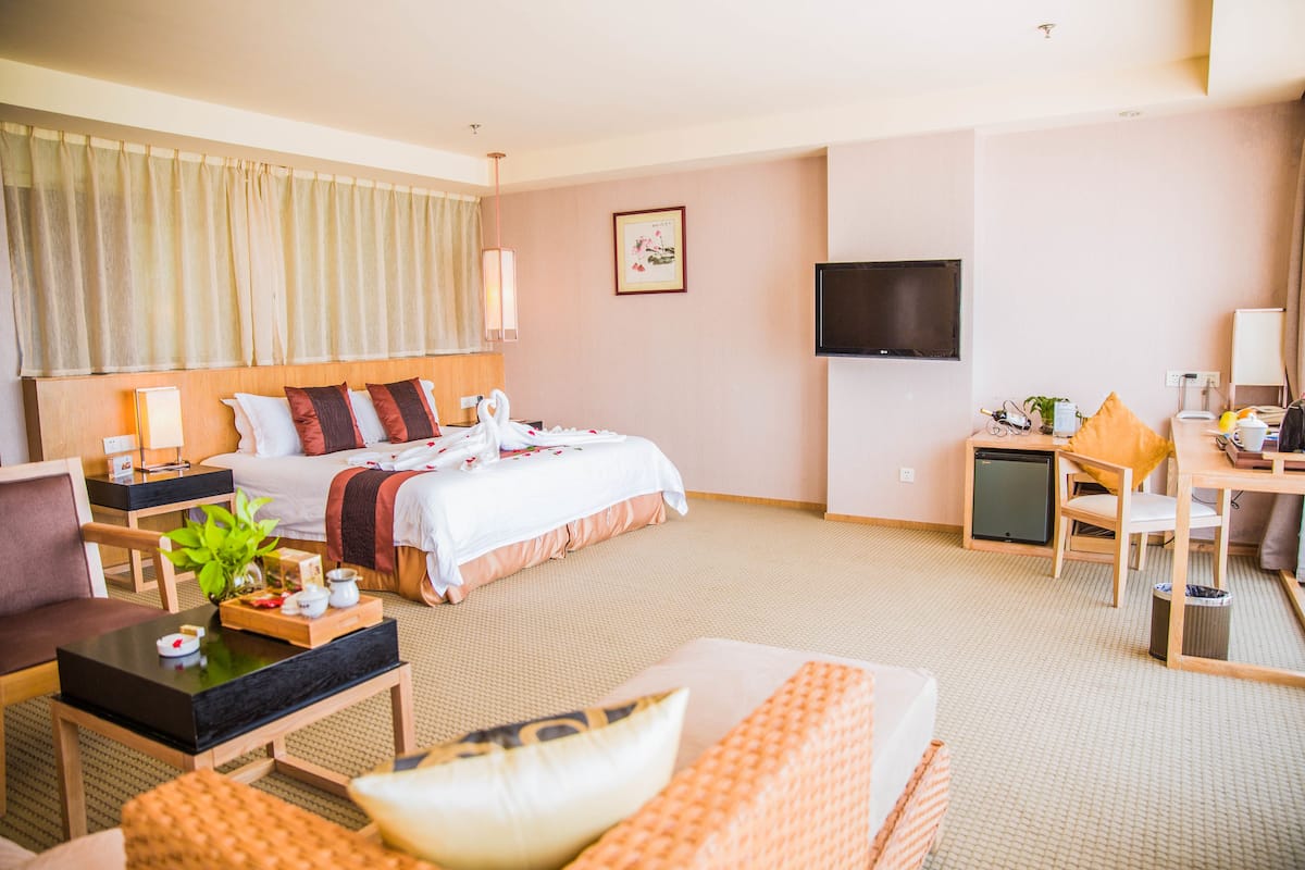 A hotel room with a bed, a desk, a chair, a TV, and a small table with a plant and a tray of items.