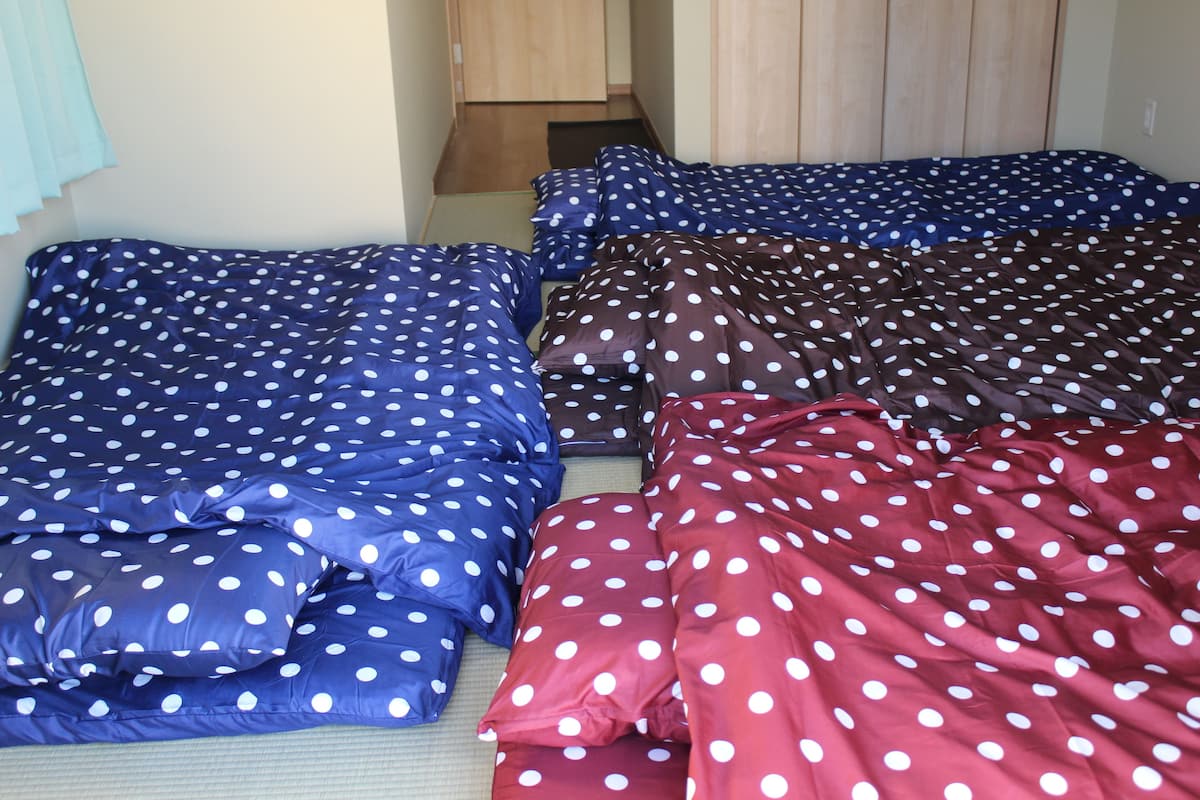 A room with two beds, each covered with polka-dotted bedding in blue, brown, and red.