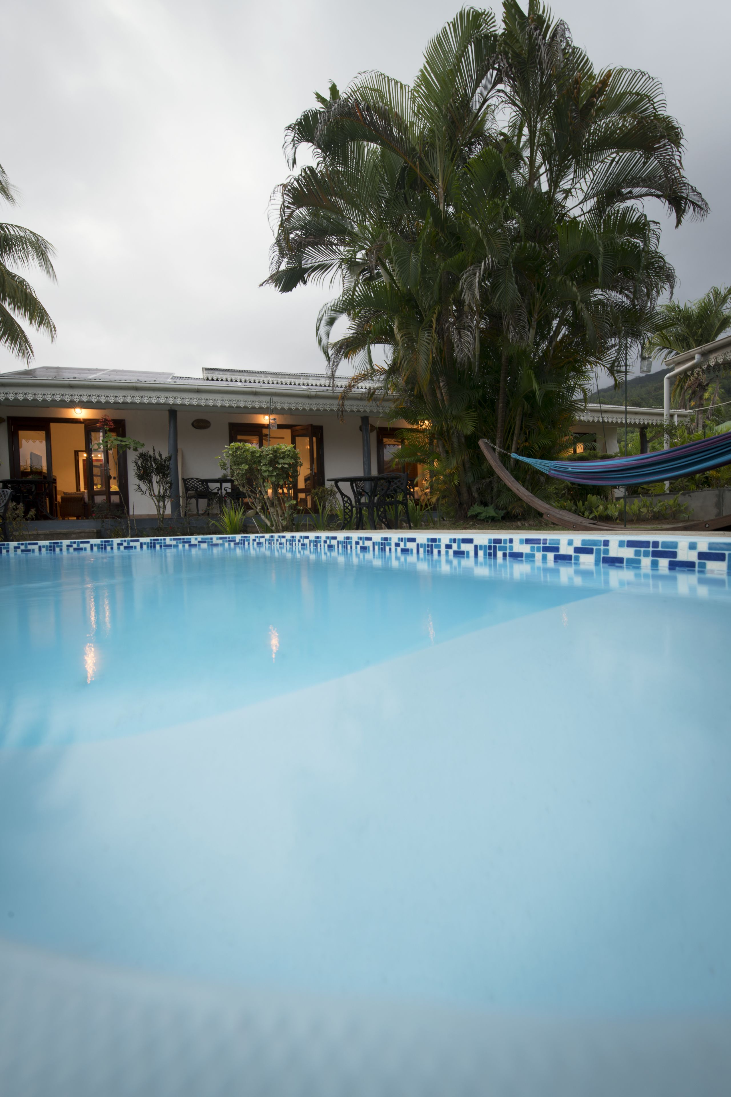 Una piscina al aire libre, sombrillas, sillones reclinables de piscina