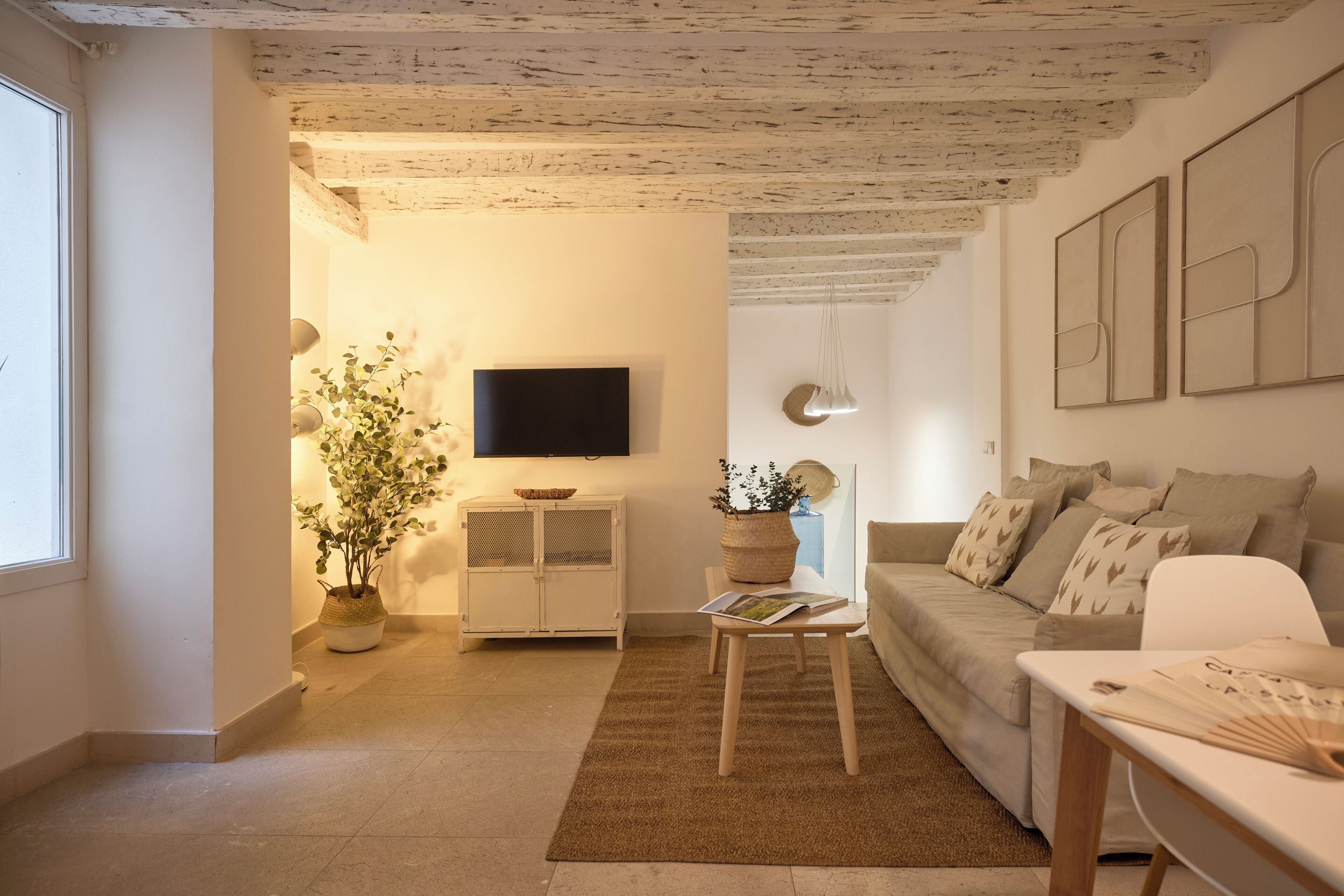 Una sala de estar moderna con un sofá, una mesa de centro, un televisor y una planta en maceta.