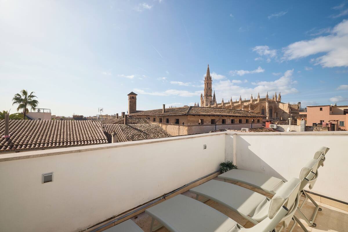 Una terraza en la azotea con sillones blancos, una palmera y vistas a edificios históricos con una torre destacada.
