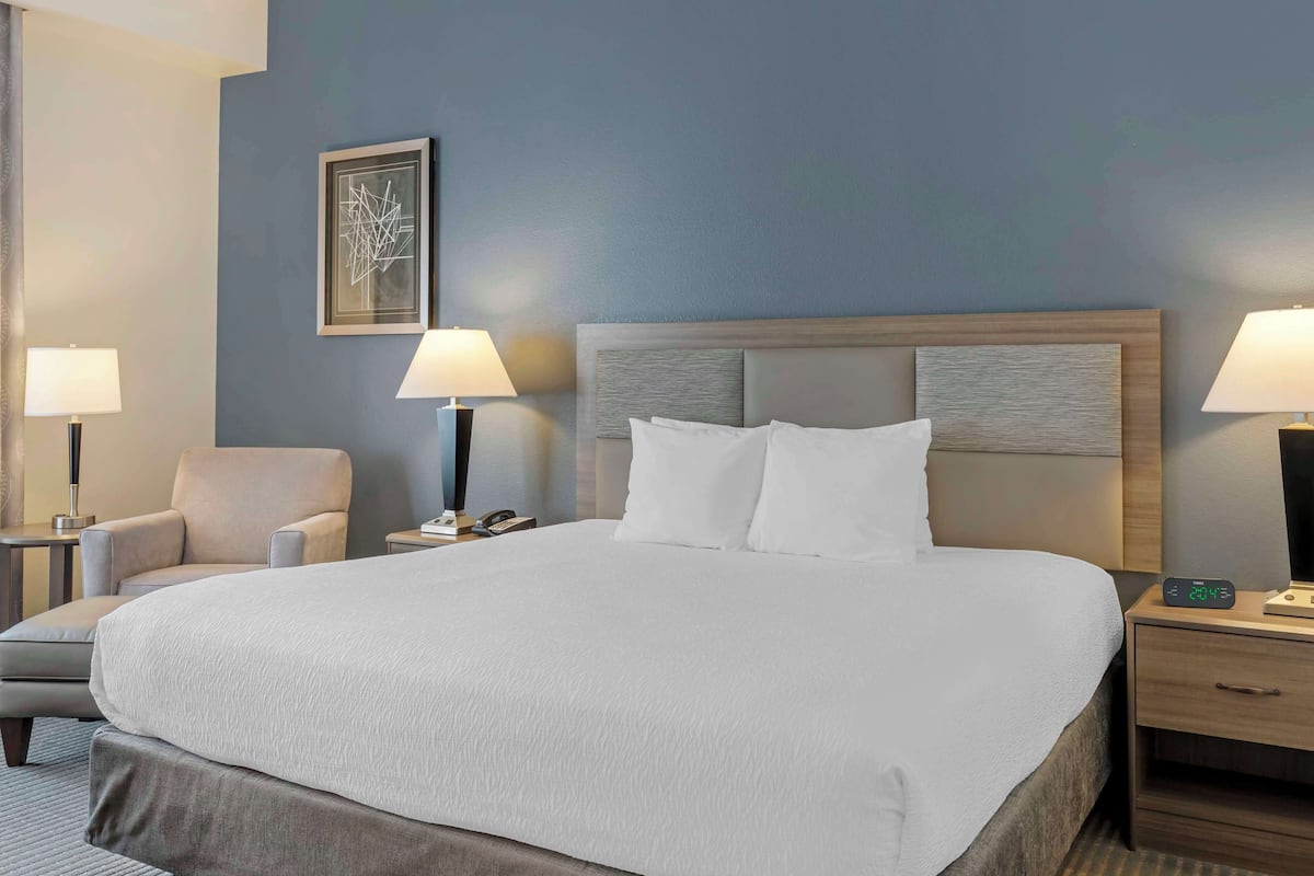 A hotel room with a large bed, two bedside tables, a chair, and a wall-mounted artwork.