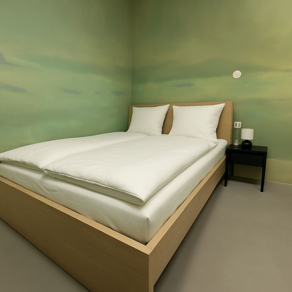 A neatly made bed with a wooden frame and white bedding in a room with green walls.