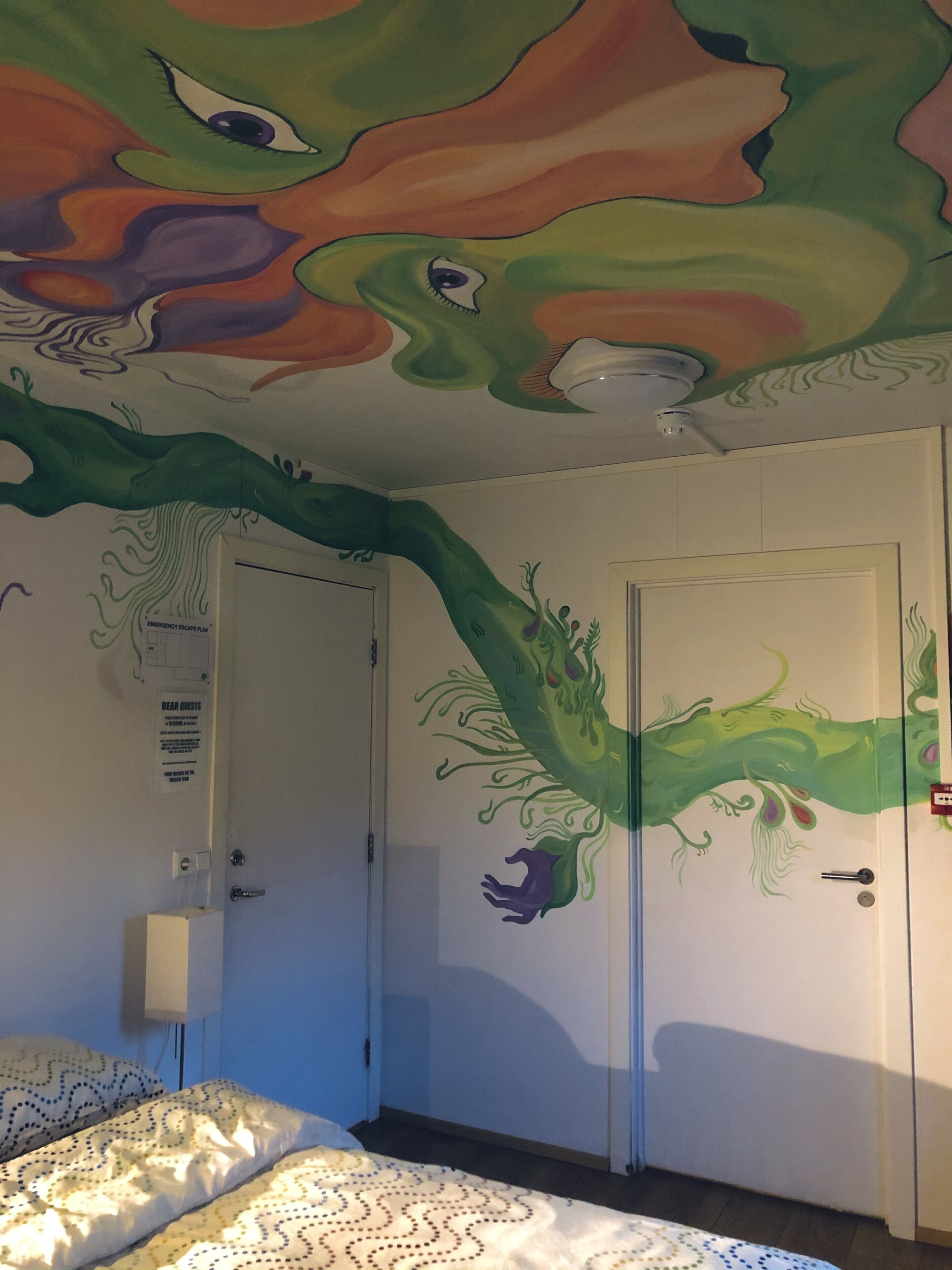 A room with a ceiling mural, a bed, a door, and a wall-mounted light fixture.