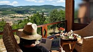 A person reading a book on a balcony with a view of a valley and mountains. - Domaine du Val de Sault (Sault)