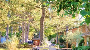 A stone pathway leading to a wooden cabin with a fire pit and outdoor seating. - Domaine du Val de Sault (Sault)