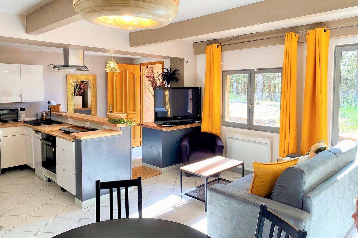 A modern kitchen with a central island, a dining area with a table and chairs, a sofa with a yellow pillow, and a TV.