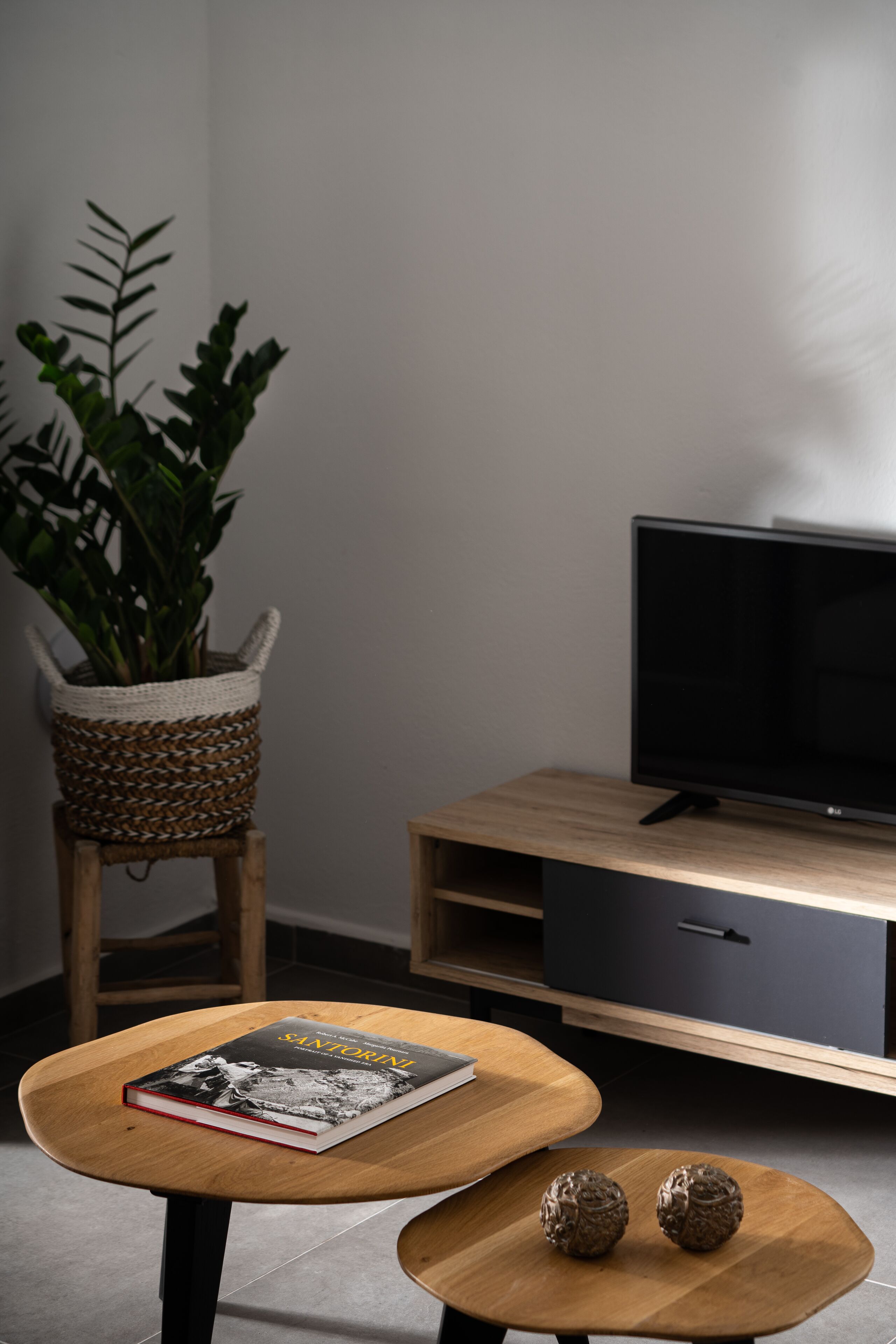Un salon moderne avec un meuble TV en bois, un téléviseur à écran plat, un panier en osier pour plantes, un livre et deux sphères décoratives posées sur une table en bois assortie.