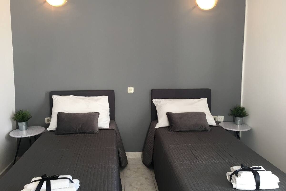A twin room with two beds, each with a pillow, a small table with a plant, and a wall-mounted air conditioner.