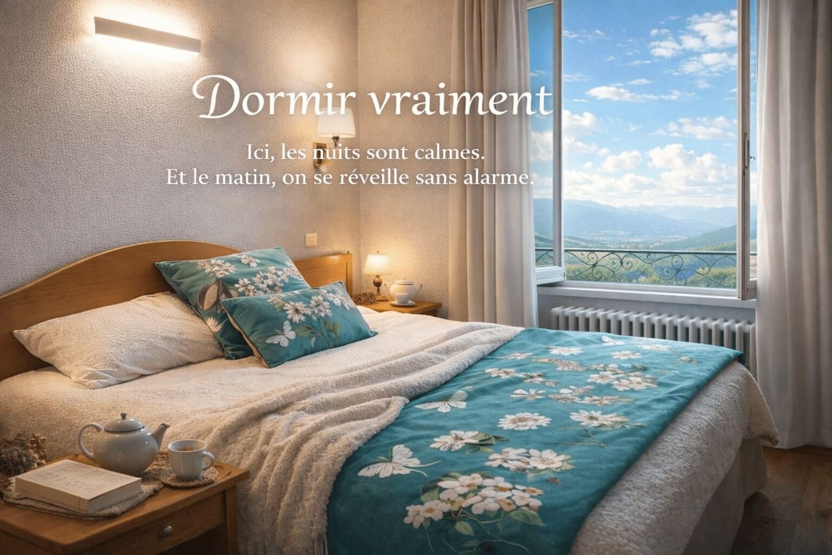 Ein Schlafzimmer mit Bett, Kissen, einem Nachttisch mit Lampe, einem Fenster mit Aussicht und einem Text-Overlay.