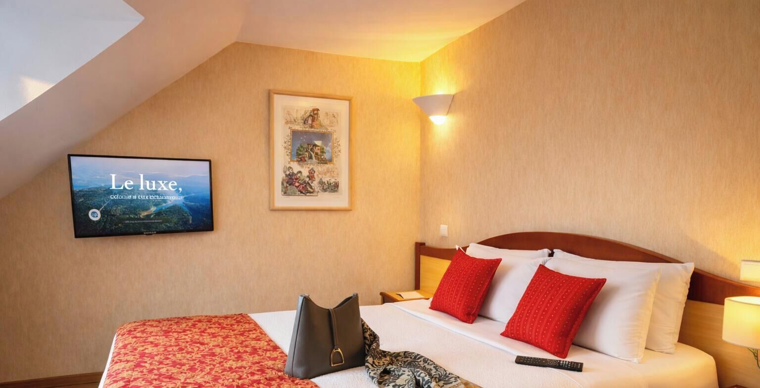 Ein Hotelzimmer mit einem Bett, einem Fernseher, der 'Le luxe' zeigt, einem gerahmten Bild und einer Fernbedienung auf dem Bett.