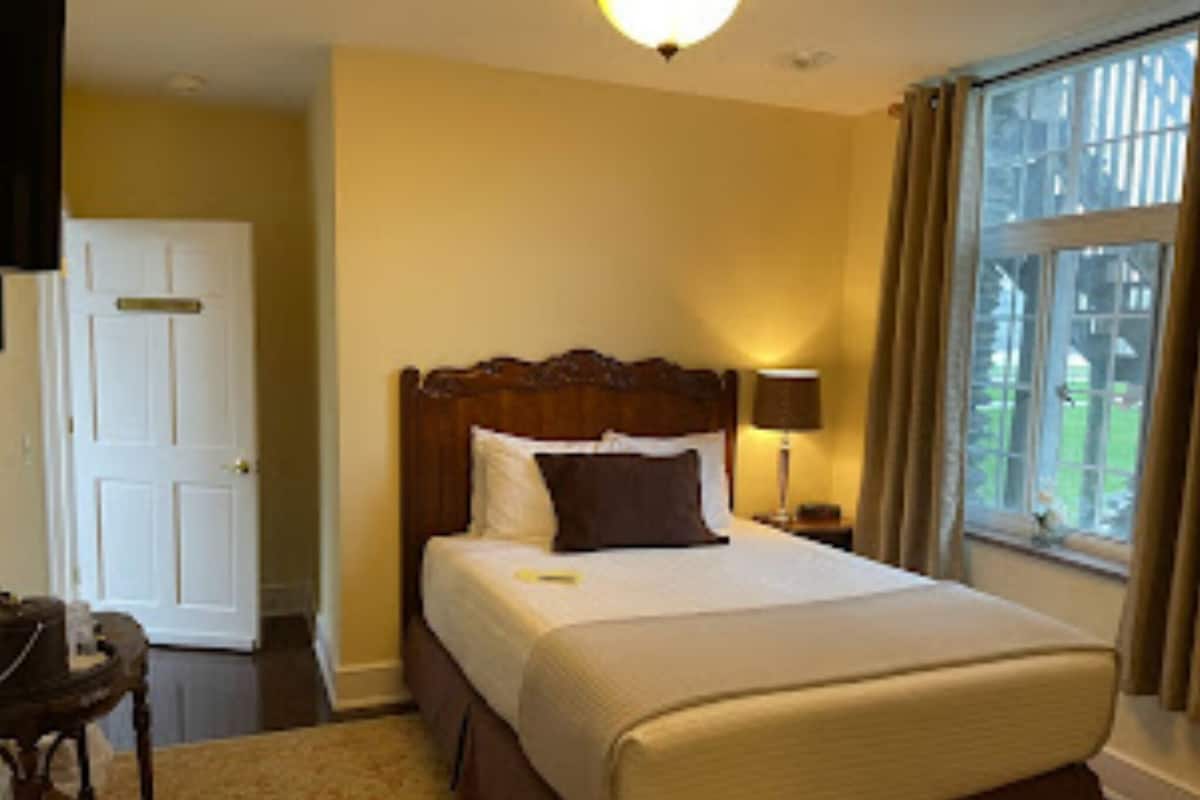 A hotel room with a large bed, a bedside table with a lamp, a window with curtains, and a door.
