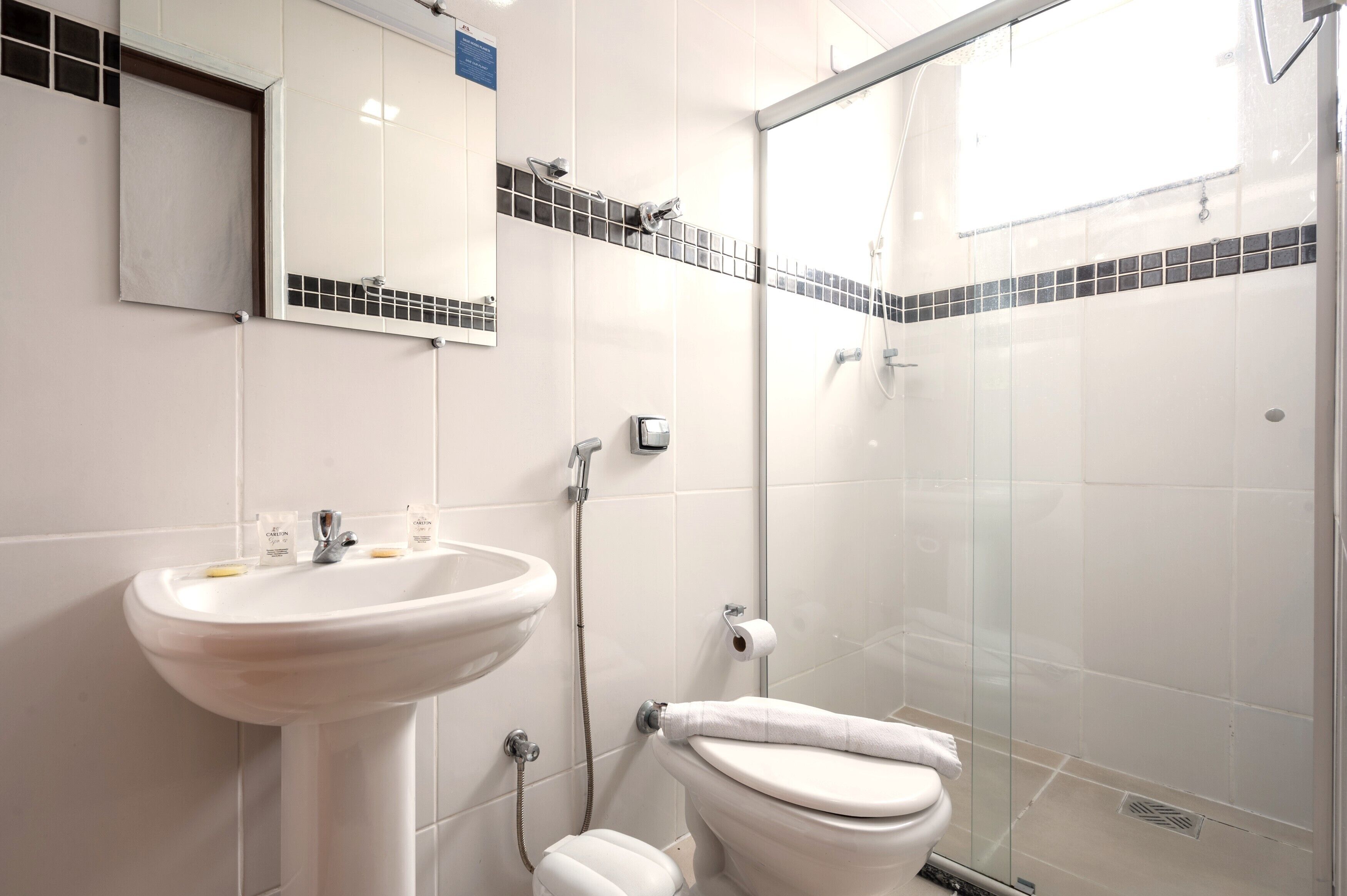 A bathroom with a sink, toilet, and glass shower enclosure.