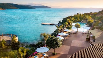 Innenpool, Außenpool, Sonnenschirme, Liegestühle