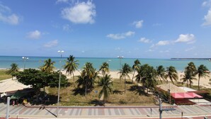 Vista de playa con palmeras, cielo despejado y una costa distante.