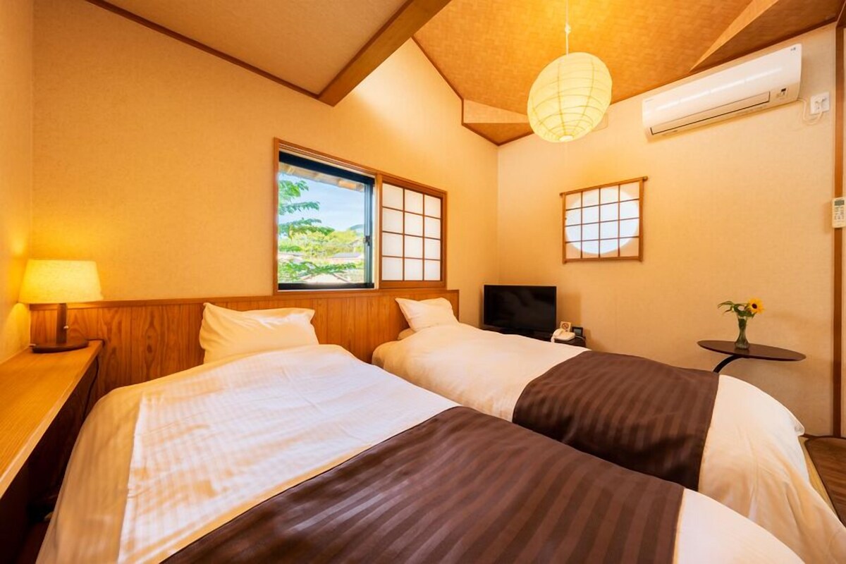 Habitación de hotel con dos camas, televisión, una mesita con un florero y ventana con vista.