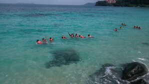 A group of people swimming in clear turquoise water with a rocky shoreline and a building in the background. - Tamara Resort (Tioman Island)