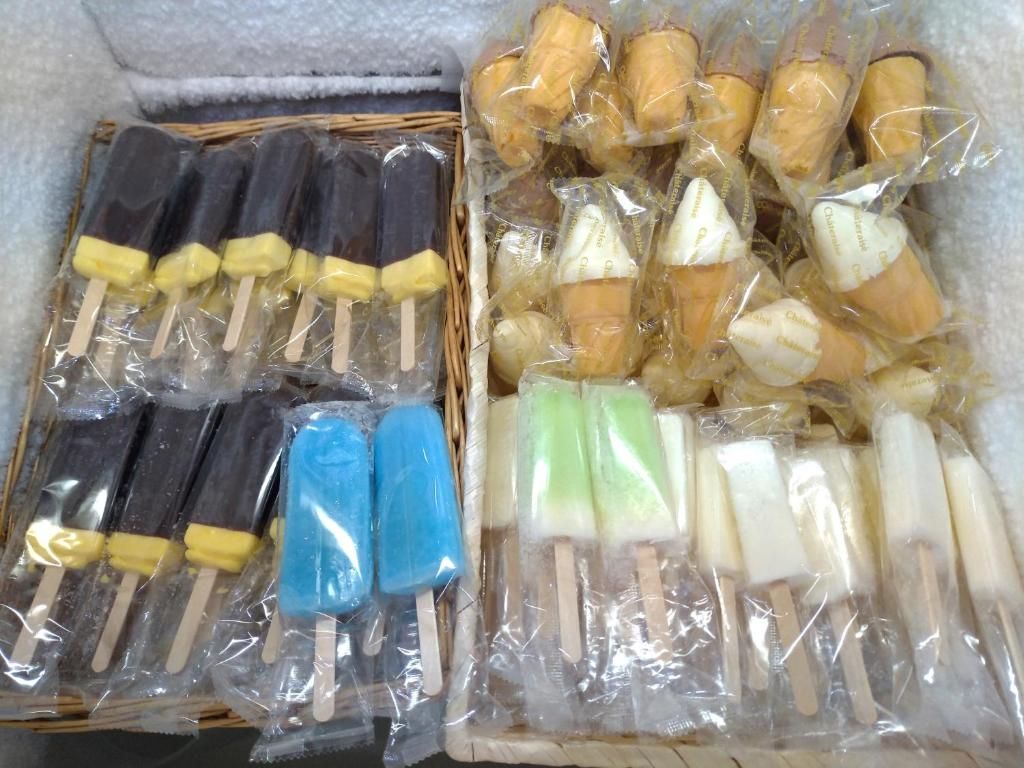 A collection of packaged food items, including chocolate-covered and ice cream pops.